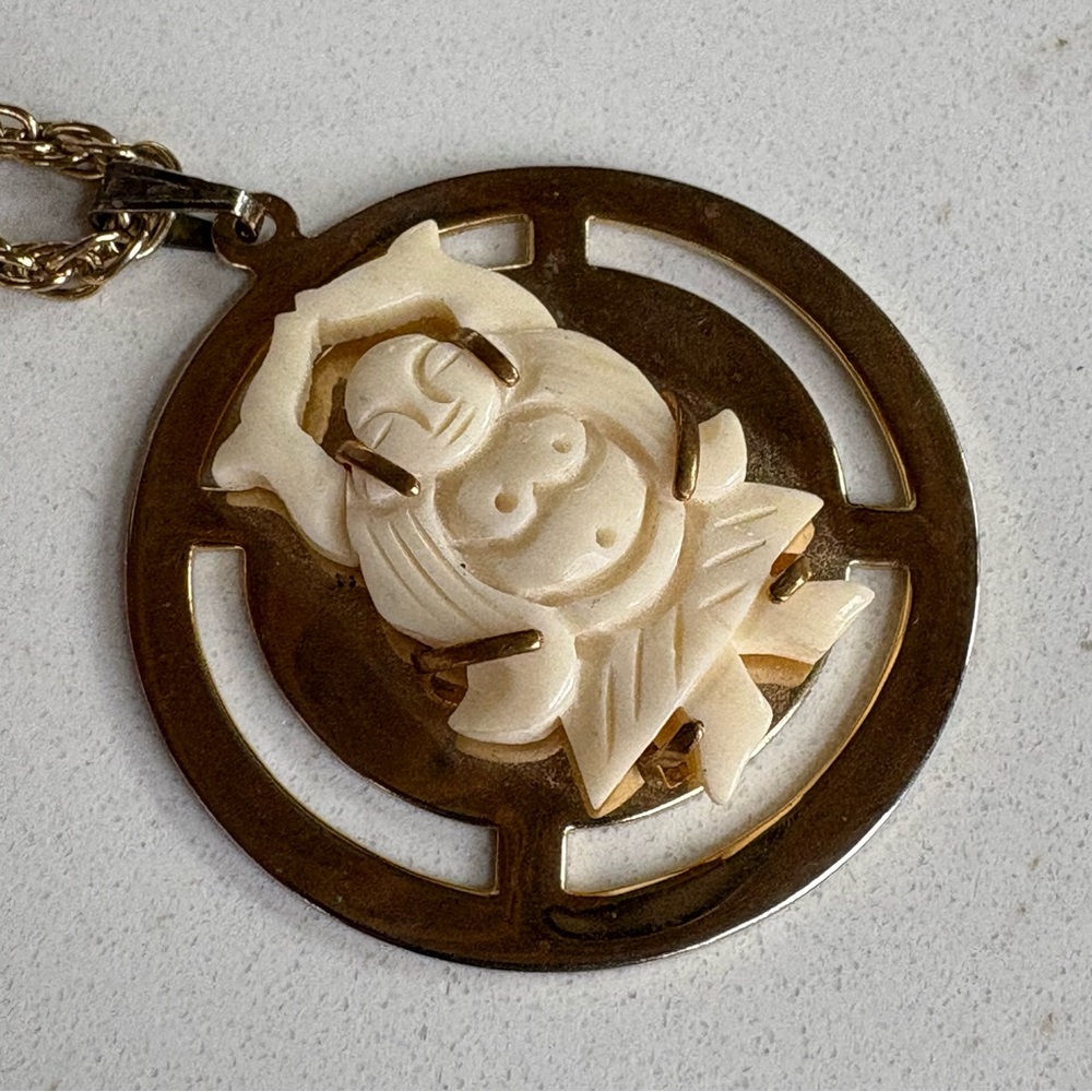 Vintage Hand-Carved Buddha Bone Medallion Necklace